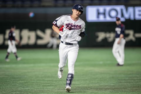 South Korea’s Kim Ha-Seong runs out one of his two home runs. (Photo by Yuichi YAMAZAKI / AFP)