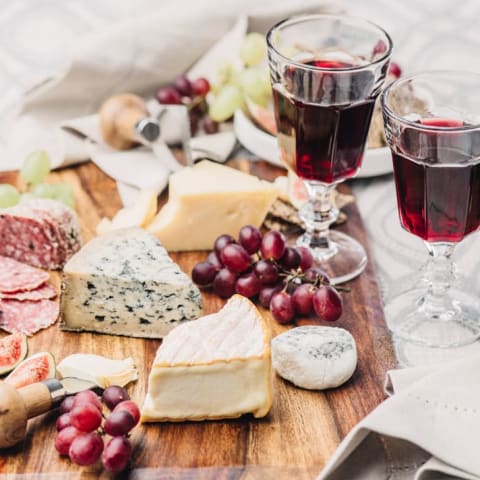 tray of cheese and wine