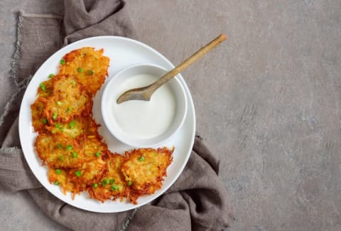 plate of latkes with sour cream