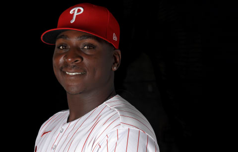 Gregorius on photo day in Phillies red pinstripes. Photo by Mike Ehrmann/Getty Images.