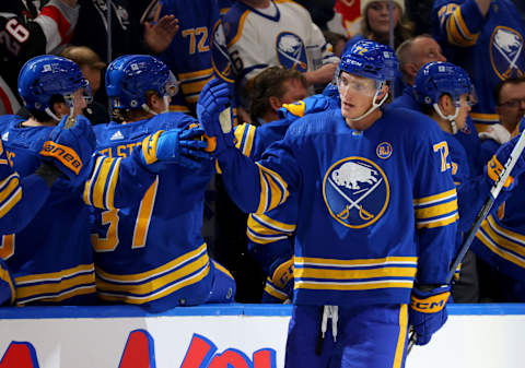 Oct 19, 2023; Buffalo, New York, USA; Buffalo Sabres right wing Tage Thompson (72) celebrates his goal with teammates during the first period against the Calgary Flames at KeyBank Center. Mandatory Credit: Timothy T. Ludwig-USA TODAY Sports