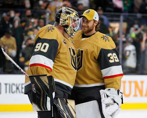 Laurent Brossoit and Robin Lehner together. (Photo by Ethan Miller/Getty Images)