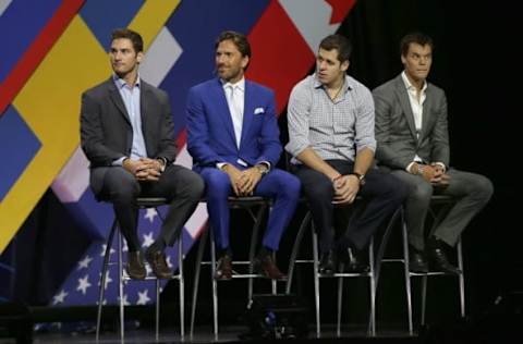 Sep 9, 2015; Toronto, Ontario, Canada; Brandon Saad and Henrik Lundqvist and Evgeni Malkin and Tuukka Rask answer questions on stage from host George Stromboulopoulos (not pictured) during a press conference and media event for the 2016 World Cup of Hockey at Air Canada Centre. Mandatory Credit: Tom Szczerbowski-USA TODAY Sports