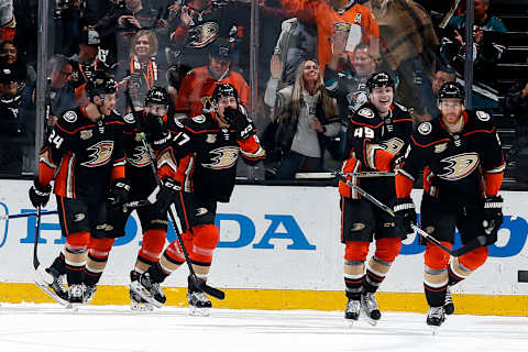 ANAHEIM, CA – APRIL 5: The Anaheim Ducks celebrate a second-period goal during the game against the Los Angeles Kings on April 5, 2019, at Honda Center in Anaheim, California. (Photo by Debora Robinson/NHLI via Getty Images)