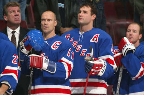 Mark Messier #11, Eric Lindros #88 of the New York Rangers. (Photo by Jeff Vinnick/Getty Images/NHLI)