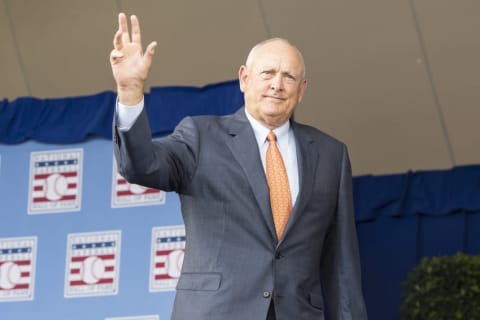 Jul 26, 2015; Cooperstown, NY, USA; Hall of Famer Ryan waves to the crowd after being introduced during the Hall of Fame Induction Ceremonies at Clark Sports Center. Mandatory Credit: Gregory J. Fisher-USA TODAY Sports