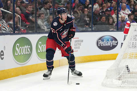 COLUMBUS, OHIO – APRIL 08: David Jiricek #55 of the Columbus Blue Jackets skates with the puck during the third period against the New York Rangers at Nationwide Arena on April 08, 2023 in Columbus, Ohio. (Photo by Jason Mowry/Getty Images)