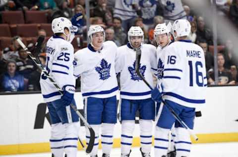 Mar 3, 2017; Anaheim, CA, USA; The Toronto Maple Leafs celebrate a goal by center Nazem Kadri (43) against the Anaheim Ducks during the second period at Honda Center. Mandatory Credit: Kelvin Kuo-USA TODAY Sports