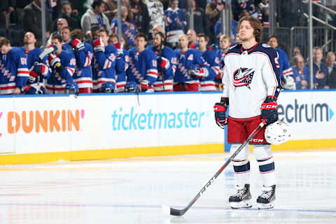 NEW YORK, NY – APRIL 05: Artemi Panarin #9 of the Columbus Blue Jackets looks on during the national anthem prior to the game against the New York Rangers at Madison Square Garden on April 5, 2019 in New York City. (Photo by Jared Silber/NHLI via Getty Images)