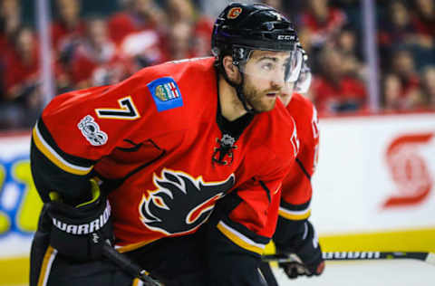 Jan 19, 2017; Calgary, Alberta, CAN; Calgary Flames defenseman TJ Brodie (7) during the face off against the Nashville Predators during the third period at Scotiabank Saddledome. Nashville Predators won 4-3. Mandatory Credit: Sergei Belski-USA TODAY Sports