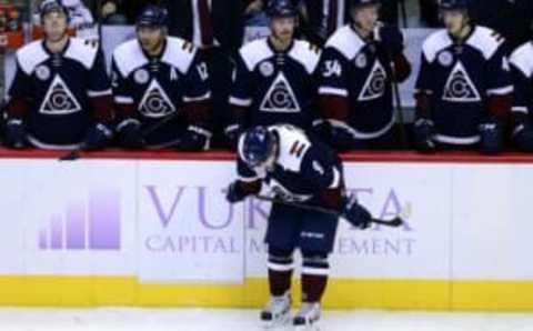 Nov 6, 2015; Denver, CO, USA; Colorado Avalanche center Matt Duchene (9) reacts following the loss to the New York Rangers at Pepsi Center. The Rangers defeated the Avalanche 2-1. Mandatory Credit: Ron Chenoy-USA TODAY Sports