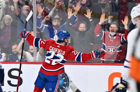 MONTREAL, QC – MARCH 26: Cole Caufield #22 of the Montreal Canadiens celebrates his power-play goal during the second period against the Toronto Maple Leafs at Centre Bell on March 26, 2022 in Montreal, Canada. (Photo by Minas Panagiotakis/Getty Images)