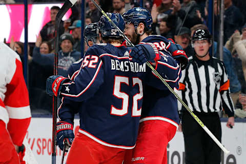 Nov 19, 2022; Columbus, Ohio, USA; Columbus Blue Jackets center Emil Bemstrom (52) celebrates after scoring a goal against the Detroit Red Wings during the second period at Nationwide Arena. Mandatory Credit: Russell LaBounty-USA TODAY Sports