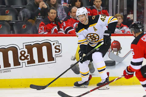 NEWARK, NJ – MARCH 21: Boston Bruins right wing David Backes (42) skates during the National Hockey League game between the New Jersey Devils and the Boston Bruins on March 21, 2019 at the Prudential Center in Newark, NJ. (Photo by Rich Graessle/Icon Sportswire via Getty Images)