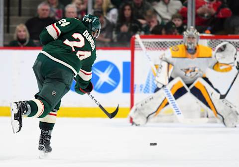 ST. PAUL, MN – MARCH 24: Minnesota Wild Defenceman Matt Dumba (24) takes a shot on Nashville Predators Goalie Pekka Rinne (35) during a NHL game between the Minnesota Wild and Nashville Predators on March 24, 2018 at Xcel Energy Center in St. Paul, MN. The Wild defeated the Predators 4-1. (Photo by Nick Wosika/Icon Sportswire via Getty Images)