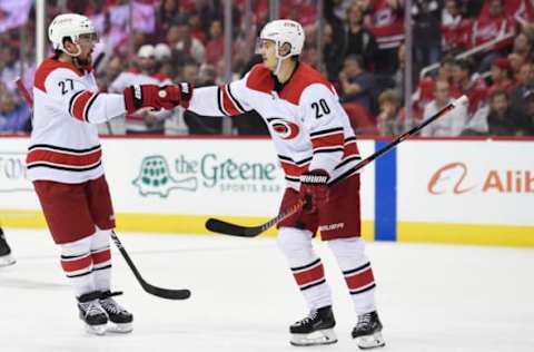 WASHINGTON, DC – APRIL 24: Sebastian Aho #20 of the Carolina Hurricanes celebrates with Justin Faulk #27 after scoring a goal in the second period against the Washington Capitals in Game Seven of the Eastern Conference First Round during the 2019 NHL Stanley Cup Playoffs at Capital One Arena on April 24, 2019 in Washington, DC. (Photo by Patrick McDermott/NHLI via Getty Images)