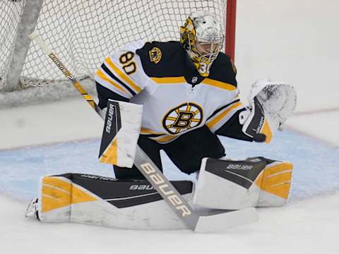 Aug 23, 2020; Toronto, Ontario, CAN; Boston Bruins goaltender Dan Vladar (80) warms up before game one of the second round of the 2020 Stanley Cup Playoffs against the Tampa Bay Lightning at Scotiabank Arena. Mandatory Credit: John E. Sokolowski-USA TODAY Sports