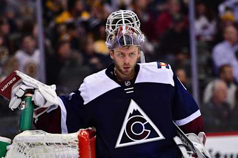 Nov 13, 2016; Denver, CO, USA; Colorado Avalanche goalie Semyon Varlamov (1) during the third period against the Boston Bruins at Pepsi Center. Mandatory Credit: Ron Chenoy-USA TODAY Sports