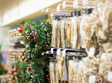 Christmas decorations for sale in a store