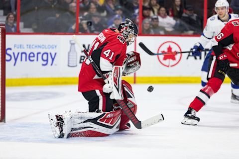 OTTAWA, ON – APRIL 01: Ottawa Senators Goalie Craig Anderson (41) makes a save during third period National Hockey League action between the Tampa Bay Lightning and Ottawa Senators on April 1, 2019, at Canadian Tire Centre in Ottawa, ON, Canada. (Photo by Richard A. Whittaker/Icon Sportswire via Getty Images)