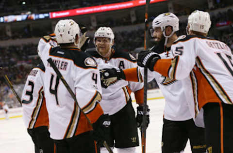 Vegas Golden Knights: Anaheim Ducks center Ryan Getzlaf (15) celebrates his goal with teammates Corey Perry (10) , Ryan Kesler (17) and Cam Fowler (4) during the third period against the Winnipeg Jets at MTS Centre. Anaheim wins 3-2. Mandatory Credit: Bruce Fedyck-USA TODAY Sports