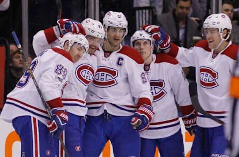 Feb 25, 2017; Toronto, Ontario, CAN; Montreal Canadiens forward Alex Galchenyuk (27) celebrates his goal against the Toronto Maple Leafs with defenseman Nikita Nesterov (89) and forward Max Pacioretty (67) and forward Brendan Gallagher (11) and defenseman Nathan Beaulieu (28) during the second period at the Air Canada Centre. Mandatory Credit: John E. Sokolowski-USA TODAY Sports