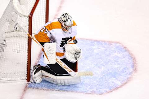 Carter Hart #79 of the Philadelphia Flyers. (Photo by Elsa/Getty Images)