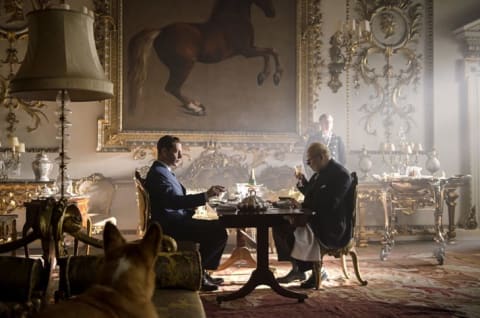 Ben Mendelsohn, as King George VI, with Oldman as Churchill in Darkest Hour (2017).