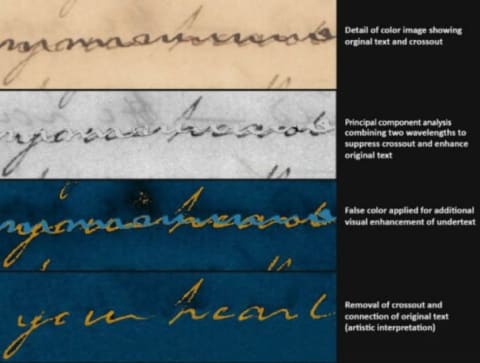 Hyperspectral imaging of Hamilton's handwriting, from being obscured (top) to isolated and revealed (bottom).