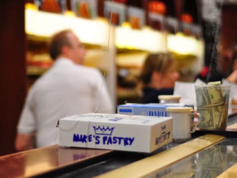 Takeout box at Mike's Pastry.