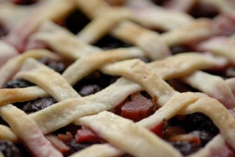 Close-up of a blueberry rhubarb pie.