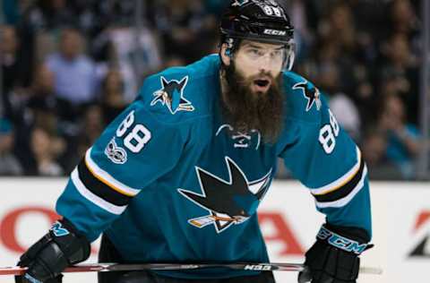 Apr 18, 2017; San Jose, CA, USA; San Jose Sharks defenseman Brent Burns (88) watches the face-off against the Edmonton Oilers during the first period in game four of the first round of the 2017 Stanley Cup Playoffs at SAP Center at San Jose. The Sharks won 7-0. Mandatory Credit: John Hefti-USA TODAY Sports