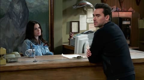 Emily Hampshire and Dan Levy in Schitt's Creek.