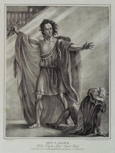 A lithograph for the 1823 production of the play Presumption; or, the Fate of Frankenstein, inspired by Shelley's novel.