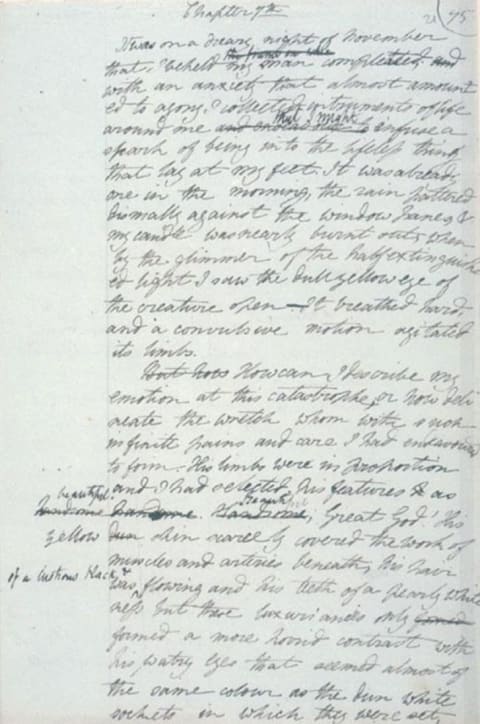 A page from the original draft of Frankenstein.