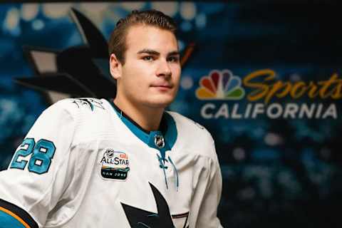 RALEIGH, NC – OCTOBER 26: San Jose Sharks Right Wing Timo Meier (28) prepares to take the ice during a game between the Carolina Hurricanes and the San Jose Sharks at the PNC Arena in Raleigh, NC on October 26, 2018. Carolina defeated San Jose 4-3 in a shootout. (Photo by Greg Thompson/Icon Sportswire via Getty Images)