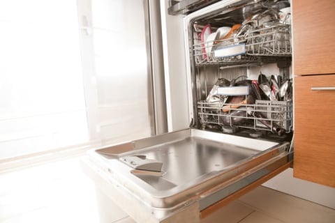 A dishwasher with its door open