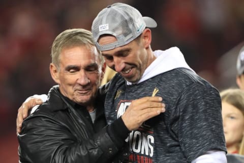 San Francisco 49ers head coach Kyle Shanahan with his father, Mike Shanahan, after winning the NFC Championship game against the Green Bay Packers at Levi's Stadium on January 19, 2020 in Santa Clara, California.