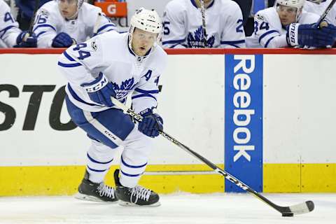 Apr 21, 2017; Washington, DC, USA; Toronto Maple Leafs defenseman Morgan Rielly (44) skates with the puck against the Washington Capitals in game five of the first round of the 2017 Stanley Cup Playoffs at Verizon Center. Mandatory Credit: Geoff Burke-USA TODAY Sports