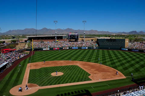 Mar 15, 2015; Salt River Pima-Maricopa, AZ, USA; General view of the game between the Colorado Rockies and the Kansas City Royals at Salt River Fields at Talking Stick. Mandatory Credit: Matt Kartozian-USA TODAY Sports