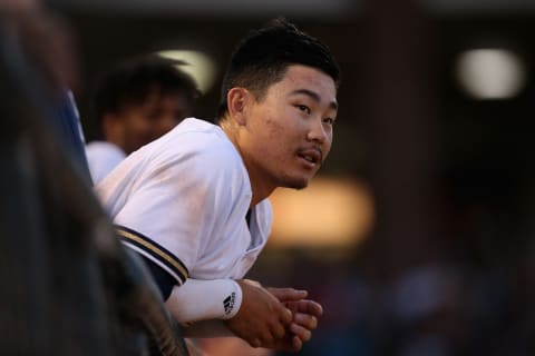 SURPRISE, AZ – NOVEMBER 03: AFL West All-Star, Keston Hiura #23 of the Milwaukee Brewers watches from the dugout during the Arizona Fall League All Star Game at Surprise Stadium on November 3, 2018 in Surprise, Arizona. (Photo by Christian Petersen/Getty Images)