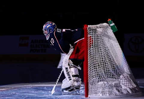 Feb 16, 2016; Columbus, OH, USA; Columbus Blue Jackets goalie Joonas Korpisalo (70) against the Boston Bruins at Nationwide Arena. The Bruins won 2-1 in overtime. Mandatory Credit: Aaron Doster-USA TODAY Sports