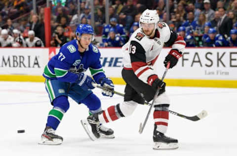 VANCOUVER, BC – SEPTEMBER 26: Vancouver Canucks Right Wing Nikolay Goldobin (77) defends against Arizona Coyotes Right Wing Vinnie Hinostroza (13) during their NHL game at Rogers Arena on September 26, 2019 in Vancouver, British Columbia, Canada. Arizona won 4-2. (Photo by Derek Cain/Icon Sportswire via Getty Images)