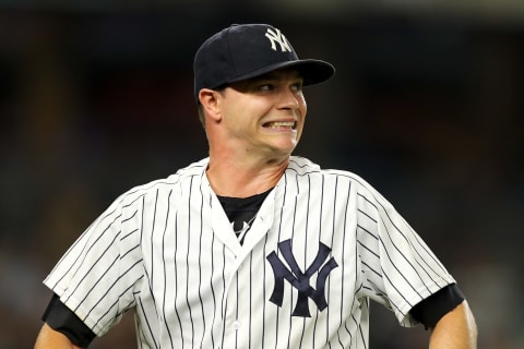 NEW YORK, NY – AUGUST 15: Sonny Gray #55 of the New York Yankees reacts against the Tampa Bay Rays at Yankee Stadium on August 15, 2018 in the Bronx borough of New York City. (Photo by Michael Reaves/Getty Images)