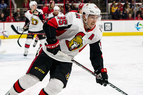 RALEIGH, NC – MARCH 26: Ottawa Senators Center Matt Duchene (95) skates after a loose puck during a game between the Ottawa Senators and the Carolina Hurricanes at the PNC Arena in Raleigh, NC on March 24, 2018. Carolina defeated Ottawa 4-1. (Photo by Greg Thompson/Icon Sportswire via Getty Images)