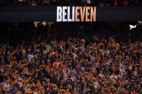 Oct 11, 2016; San Francisco, CA, USA; San Francisco Giants fans cheer during the fourth inning of game four of the 2016 NLDS playoff baseball game against the Chicago Cubs at AT&T Park. Mandatory Credit: Kelley L Cox-USA TODAY Sports