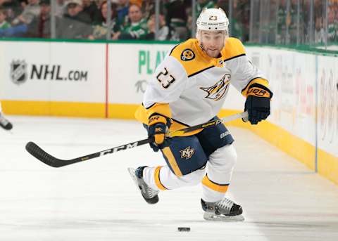 DALLAS, TX – NOVEMBER 10: Rocco Grimaldi #23 of the Nashville Predators handles the puck against the Dallas Stars at the American Airlines Center on November 10, 2018 in Dallas, Texas. (Photo by Glenn James/NHLI via Getty Images)