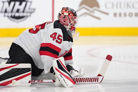 New Jersey Devils goaltender Jonathan Bernier (45): Darren Yamashita-USA TODAY Sports