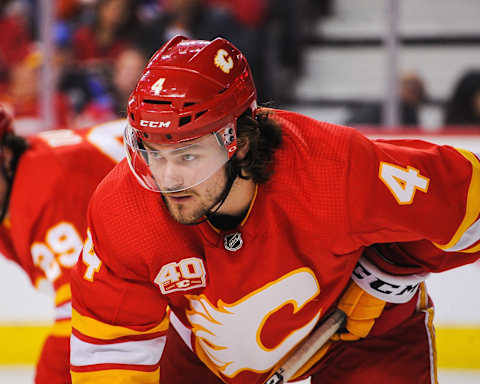 Rasmus Andersson #4 of the Calgary Flames. (Photo by Derek Leung/Getty Images)