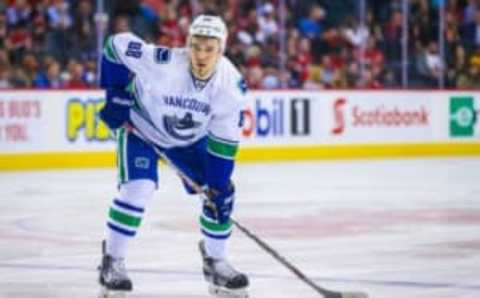 Apr 7, 2016; Calgary, Alberta, CAN; Vancouver Canucks defenseman Nikita Tryamkin (88) looks on from the ice against the Calgary Flames during the first period at Scotiabank Saddledome. The Flames won 7-3. Mandatory Credit: Sergei Belski-USA TODAY Sports